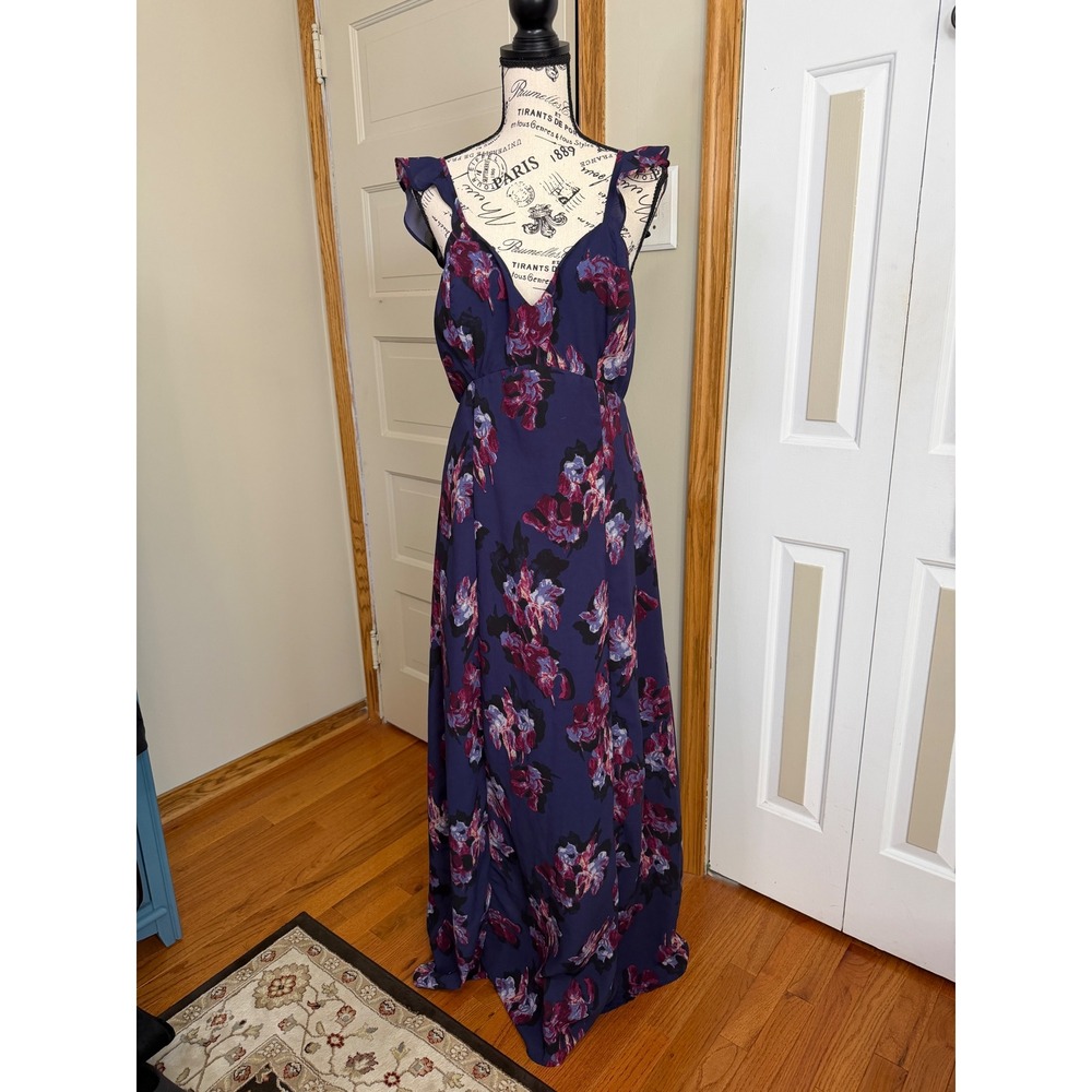 Japna Lg‎ Elegant Fairy Dark Floral Open Tie Back Ruffle Sleeve Maxi Dress Flowy